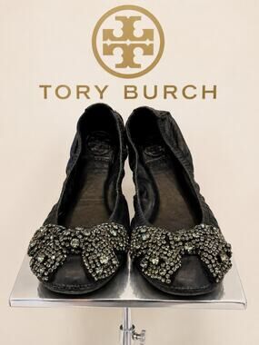 Tory Burch Eddie V Embellished Bow Ballet Flats Black Women’s 6.5M